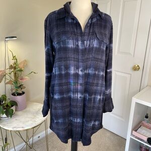 RARE Free People Oversized Blue Plaid Tie Dye Flannel Dress Size XS